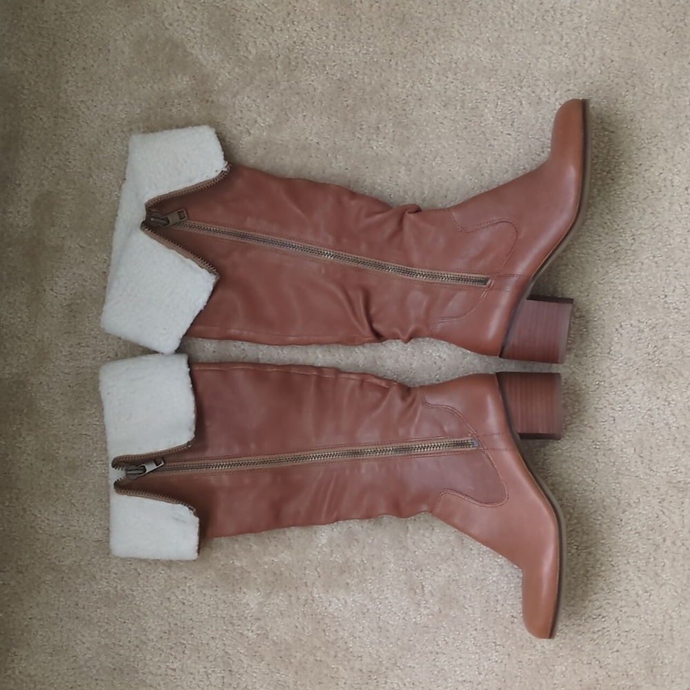 New Jessica Simpson, Brown Leather Knee-High Boots w/ Shearling Cuff, Block Heel